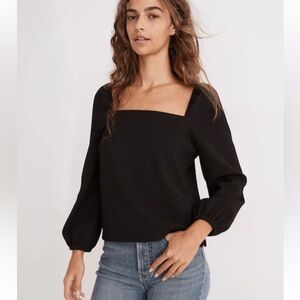 Madewell black crepe square neck puff sleeve classic top